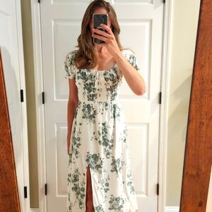 Midi white with sage pattern dress 002